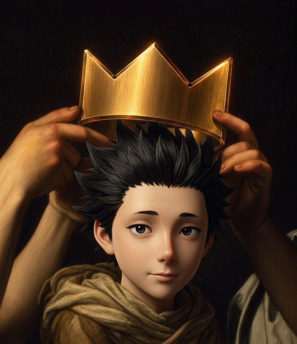 A digitally rendered portrait shows a young boy with spiky black hair having a golden crown placed on his head by two pairs of hands.