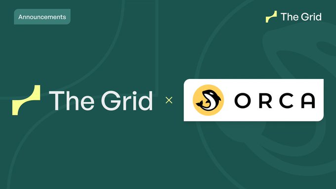 An announcement graphic with dark green background showing 'The Grid × ORCA' collaboration, tagged as Announcements.