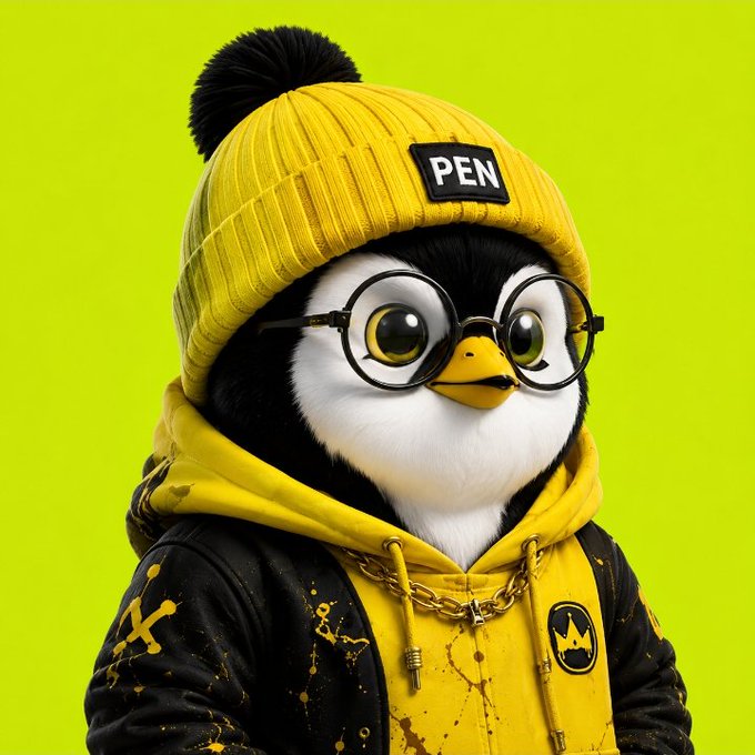 A 3D-rendered penguin character wearing round glasses, a yellow beanie with 'PEN' on a patch, a gold chain, and a yellow and black hoodie, set against a bright yellow-green background.