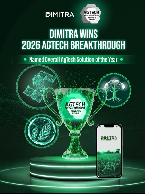 A promotional graphic announces that Dimitra has won the 2026 AgTech Breakthrough Awards, being named the Overall AgTech Solution of the Year, featuring a green-themed trophy, a satellite, a tree, a leaf, and a smartphone displaying the Dimitra Connected Farmer app.