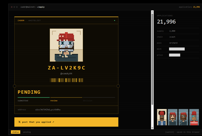 A digital interface showing a ZADOK whitelist application with a pixel art character (ZA-LV2K9C), status marked as 'PENDING', and application details including supply (2,800), chain (zcash), and pool (orchard).