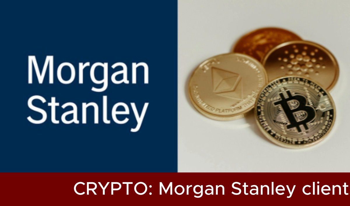 The image features Morgan Stanley's logo along with a coin and an ETF symbol. The text "Morgan Stanley" is displayed above the coin, while the text "Crypto" is below the coin. Below this, there are two coins stacked on top of each other, one being a Bitcoin and the other a Etherium coin. The image also includes a caption that reads "Morgan Stanley clients can now swap crypto for ETF shares without selling Morgan Stanley ( @MorganStanley ) just opened a side door for crypto holders".
