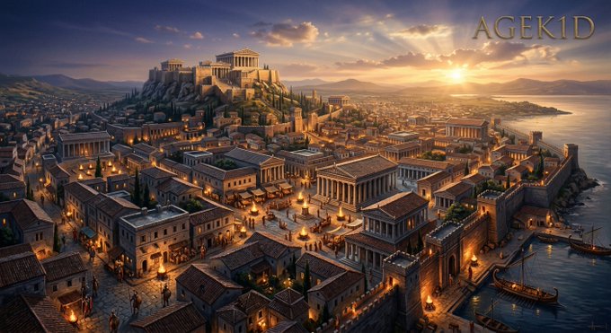 Artwork labeled 'AGEK1D' depicting an ancient Greek coastal city at sunset with the Acropolis on a hill, illuminated streets, and ships docked at the harbor.