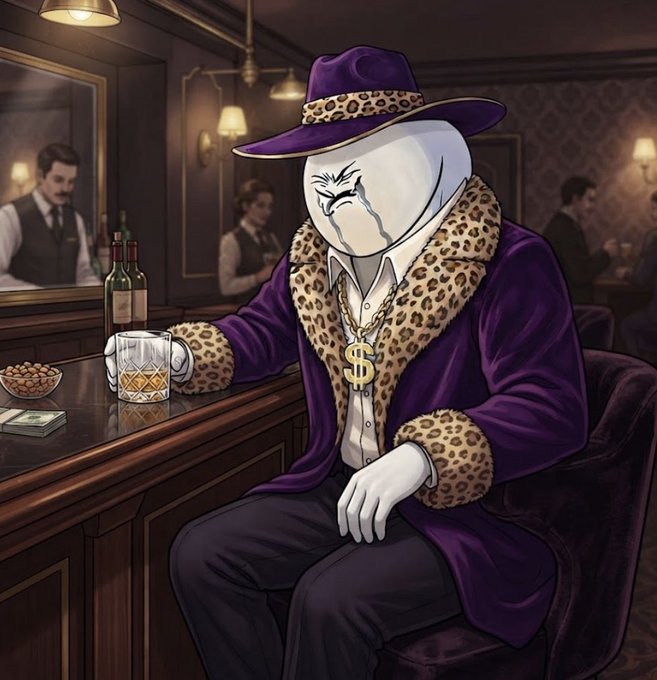 A mysterious figure in a purple pimp coat with a dollar-sign chain sits at a dimly lit bar, sipping whiskey from a glass beside a bowl of nuts and a stack of cash. The shadowy character channels the post's vibe of a shady, late-night opportunist hyping a "GTD spot" drop—evoking the illicit, "weekend-mode" energy of someone letting loose before a hyped crypto mint.