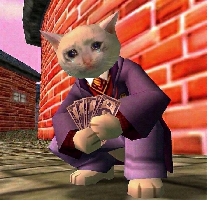 A low-poly 3D model of a humanoid cat character wearing a purple robe crouches and holds a fan of US dollar bills, with a sad, tearful cat face superimposed on its head.