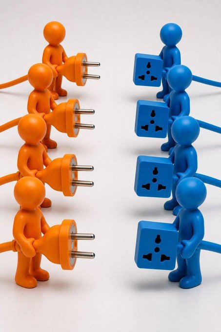 A 3D illustration showing orange figures holding electrical plugs facing blue figures holding power outlets, symbolizing connection or compatibility.