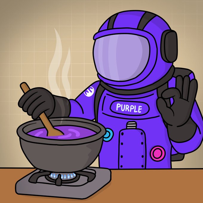 A cartoon illustration shows an astronaut in a purple spacesuit labeled 'PURPLE' stirring a steaming purple potion in a black cauldron on a portable stove, making an 'OK' hand gesture.