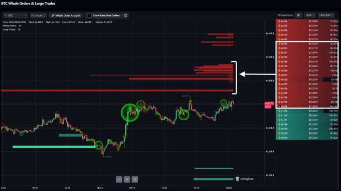 A "BTC Whale Orders & Large Trades" trading chart displays over $208M in short limit orders stacked between $64,700 and $65,500, visually marked by red horizontal lines and highlighted with a white arrow pointing to the corresponding order book entries on the right side.
