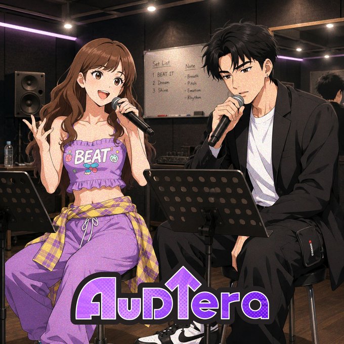 An anime-style illustration shows two AI idol characters—a cheerful brown-haired girl in a purple "BEAT" crop top and a black-haired man in a black blazer—performing together in a music studio with microphones and a set list whiteboard, promoting the "Audiera" platform where fans can collaborate with virtual artists to create music.