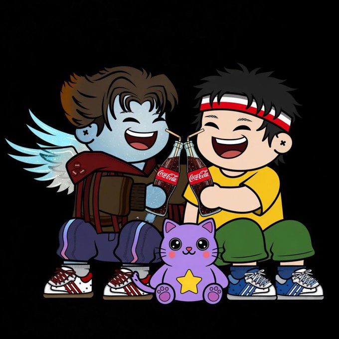 𝐀𝐨𝐧𝐥 𝐌𝐚𝐬𝐞 𝐑𝐢𝐜𝐨𝐠 𝐓𝐡𝐢𝐬 𝟐 𝐂𝐨𝐨𝐥 𝐊𝐢𝐝𝐝𝐨 One is a cartoon character wearing a red and brown jacket. The other one has a purple shirt on, and they are both holding coca cola bottles in their hands.