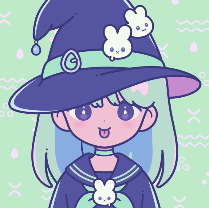 A kawaii-style digital illustration of a smiling anime girl wearing a large dark blue witch hat decorated with cute bunny creatures.