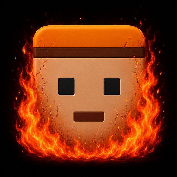 A stylized 3D illustration of a rectangular, stone-textured face with an orange top and a neutral expression, surrounded by flames on a black background.