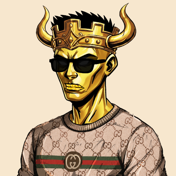 urn of gold with horns, wearing sunglasses and a brown sweater with red and green stripes.