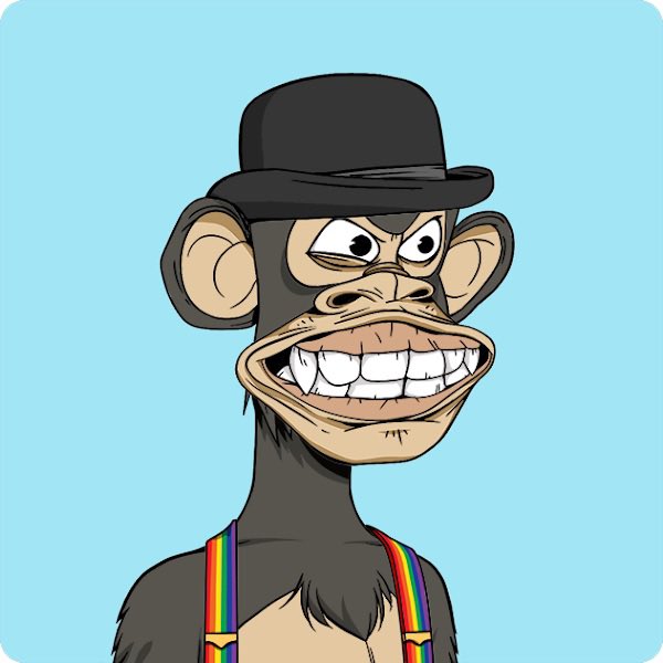 The image features a cartoon monkey wearing a top hat, suspenders, and a rainbow-colored tie. The monkey has a big smile on its face and appears to be laughing or making a funny face for the camera. The caption below the image reads "5 years an ape today. What a ride. Looking forward to the next 5." This suggests that the monkey is a popular character among children, as it has been around for quite some time and continues to entertain people with its amusing antics.