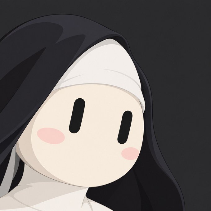 A close-up digital illustration of a cute chibi-style character with a white nun's habit and wimple, featuring large black oval eyes, pink blush, and a black veil against a dark background.