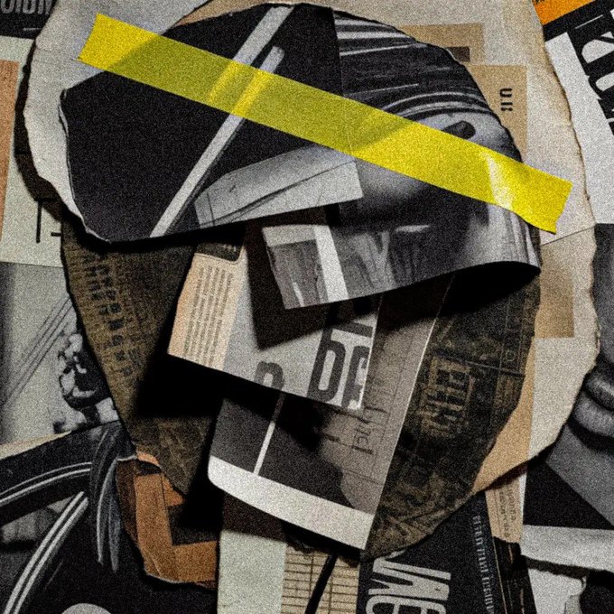 A digital collage artwork featuring torn paper and newspaper clippings, layered with black, gray, and tan tones, accented by a bright yellow strip of tape across the center.