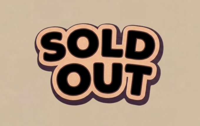 A retro-styled sticker displays the bold text "SOLD OUT" in black bubble letters with a peachy-pink outline on a cream background, confirming the complete sell-out of the NFT collection announced in the post.