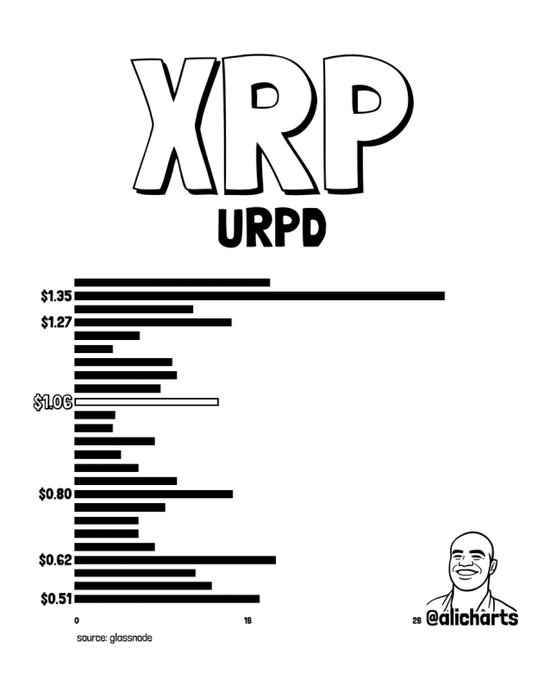 A black-and-white URPD (UTXO Realized Price Distribution) chart for XRP shows significant volume clusters at $1.35 (the largest), $1.27, $1.06, $0.80, $0.62, and $0.51, with 830M+ XRP trading at the $1.06 level—identified as the critical support to watch, with lower demand zones at $0.80, $0.62, and $0.51 if it breaks.