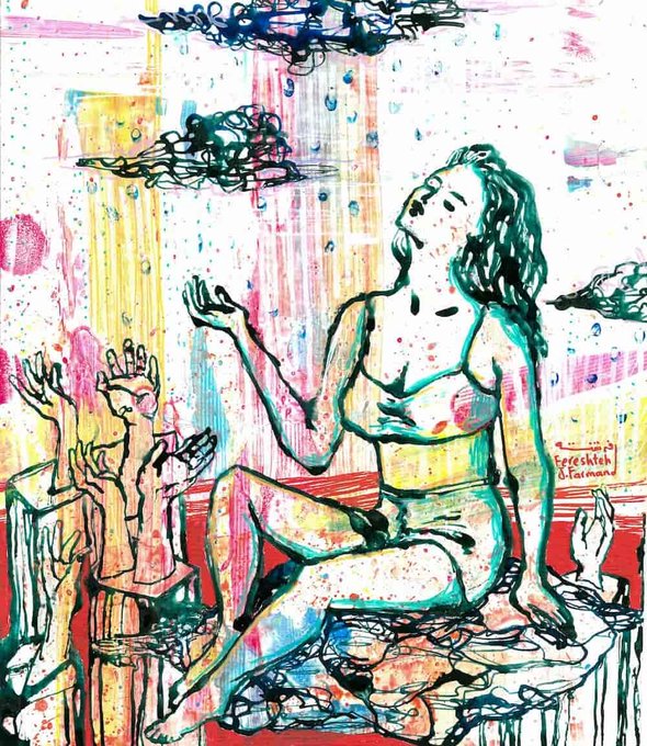 Colorful expressionist painting titled 'Ecce Homo' depicting a seated figure reaching toward raised hands, rendered in splattered paint and ink.