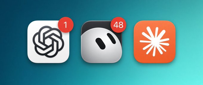 Three app icons on a teal background: ChatGPT with 1 notification, a face icon with 48 notifications, and a red icon with a white asterisk.
