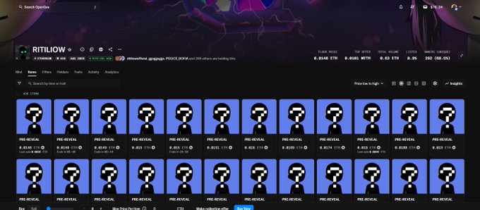 A cryptocurrency/NFT marketplace interface showing a collection called 'RITLIOIY' with grid of identical pixelated character items priced at 0.0146 ETH, with floor price of 0.0148 ETH.