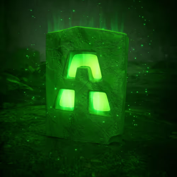 A green glowing block featuring a cutout design sits in a dark environment, emitting an ethereal light and surrounded by floating green particles.