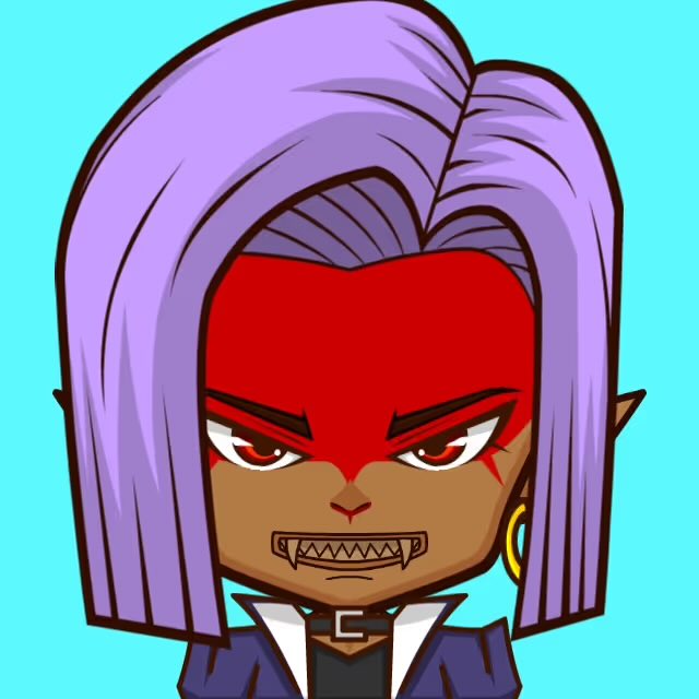 A cartoon character with purple hair, red face markings, pointed ears, and fangs, wearing a white and blue outfit against a cyan background.