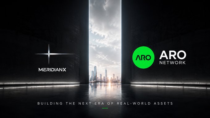 A promotional graphic for a partnership between 'MERIDIANX' and 'ARO NETWORK', showing two logos separated by a city skyline under clouds, with the tagline 'BUILDING THE NEXT ERA OF REAL-WORLD ASSETS'.