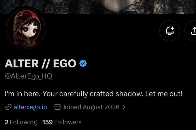 A social media profile for 'ALTER // EGO' (@AlterEgo_HQ) featuring a hooded character avatar, with the bio 'I'm in here. Your carefully crafted shadow. Let me out!', a link to alterxego.io, showing 'Joined August 2026' and '159 Followers'.