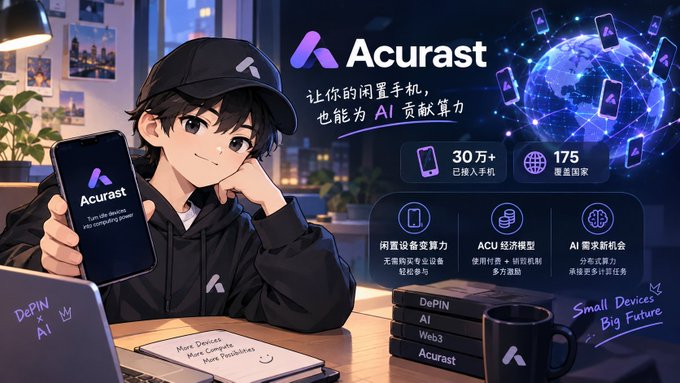 A promotional graphic for 'Acurast' featuring an anime-style character holding a smartphone, alongside statistics like '30万+' devices and '175' countries, promoting DePIN AI and computing power.