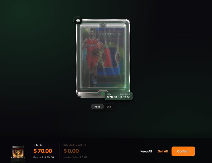 A digital trading card interface showing a Kevin Knox basketball card with a 'hit' label, displaying buy and sell buttons with prices of $70.00 and $69.50.