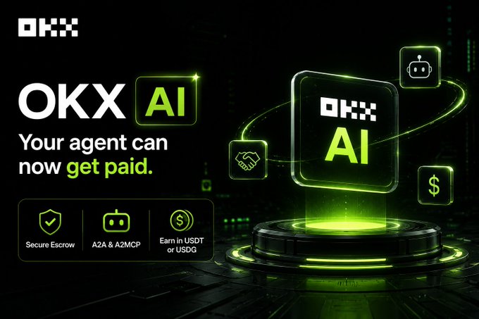 An advertisement for OKX AI stating "Your agent can now get paid," featuring icons for Secure Escrow, A2A & A2MCP, and earning in USDT or USDG.