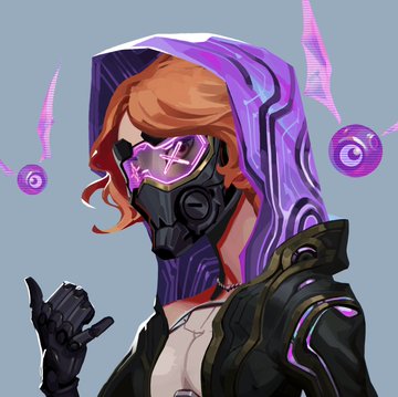 A digital illustration of a female character with orange hair wearing a purple hood, a tech mask with an X-shaped eyepiece, and glowing purple energy effects around her.