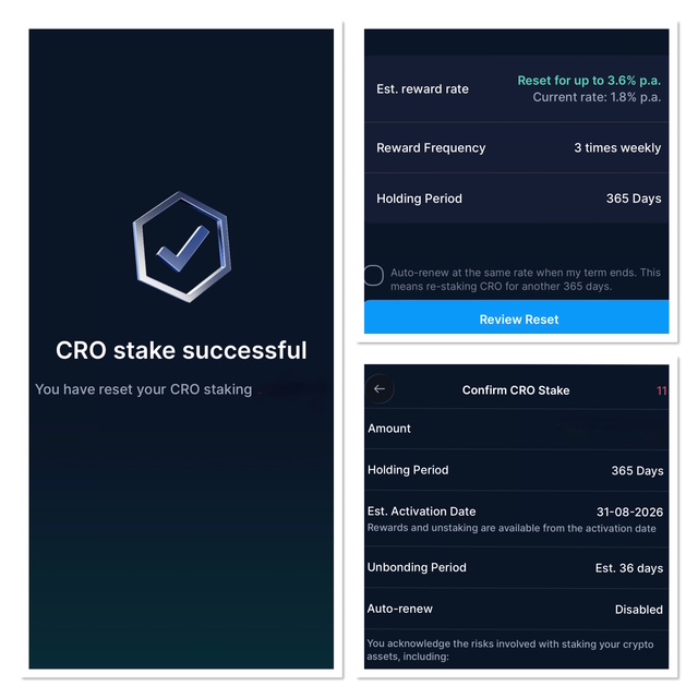 A Crypto.com CRO staking confirmation screen showing 'CRO stake successful' with a 365-day holding period, 3.6% p.a. reward rate, 3x weekly reward frequency, and a planned activation date of 31-08-2026.