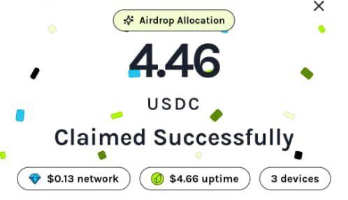 A confirmation screen reading 'Airdrop Allocation' showing '4.46 USDC Claimed Successfully' with metrics for '$0.13 network', '$4.66 uptime', and '3 devices'.