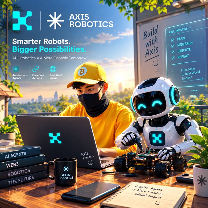 A promotional graphic for 'AXIS ROBOTICS' featuring the tagline 'Smarter Robots. Bigger Possibilities. AI + Robotics = A More Capable Tomorrow.' It shows a masked person in a yellow cap working on a laptop beside a white humanoid robot with a cyan smiley face, with a whiteboard reading 'Build with Axis' and checklist items (PLAN, RESEARCH, EXECUTE, REPEAT) in the background.