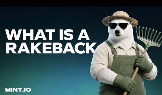 A polar bear wearing sunglasses, a straw hat, and green overalls holds a rake next to the bold text 'WHAT IS A RAKEBACK?' with a MINT.IO logo in the corner.