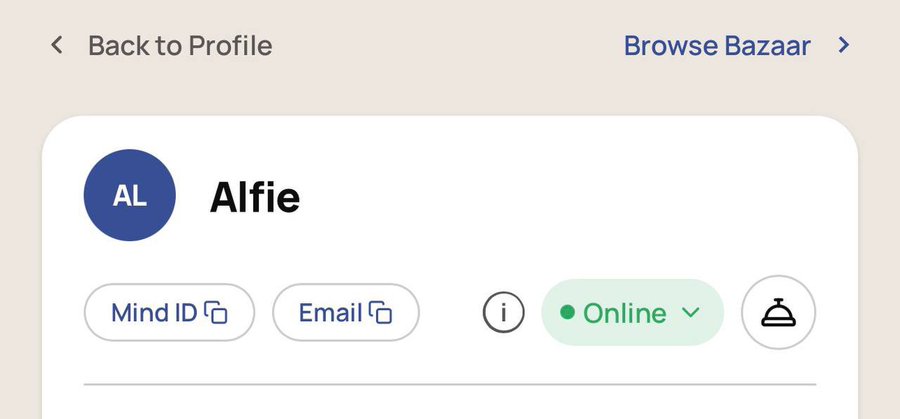 A digital profile screen displays the name 'Alfie' with an 'Online' status indicator, alongside buttons for 'Mind ID' and 'Email'.