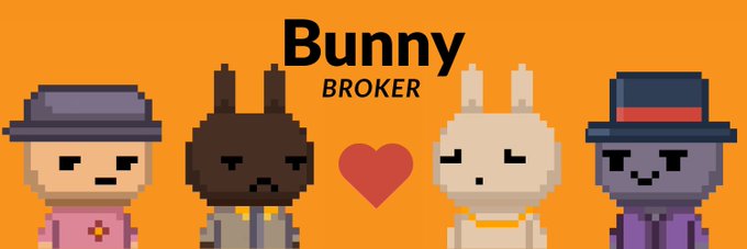 Pixel art banner titled 'Bunny BROKER' featuring four bunny characters with a red heart between the middle two on an orange background.