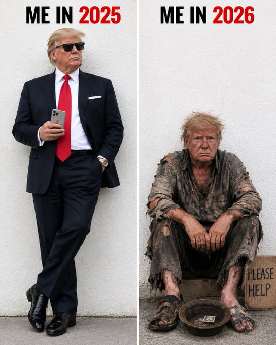 This image is a meme comparing two side-by-side photos of Donald Trump, labeled "ME IN 2025" in white and "ME IN 2026" in red. The first photo shows him in a suit, while the second shows him as a disheveled person on the street, satirizing the volatility of cryptocurrency investments.