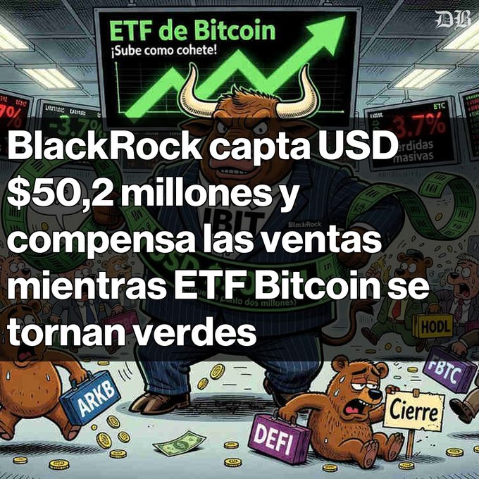 A Spanish-language graphic about cryptocurrency reads 'BlackRock capta USD $50,2 millones y compensa las ventas mientras ETF Bitcoin se tornan verdes', with 'ETF de Bitcoin ¡Sube como cohete!' displayed on a screen above a cartoon bull.