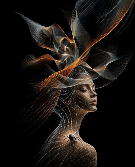 A surreal digital artwork showing the profile of a woman's face and neck made of intricate web-like threads, with flowing wisps of hair transforming into abstract ribbons, and a black spider resting on her shoulder against a dark background.