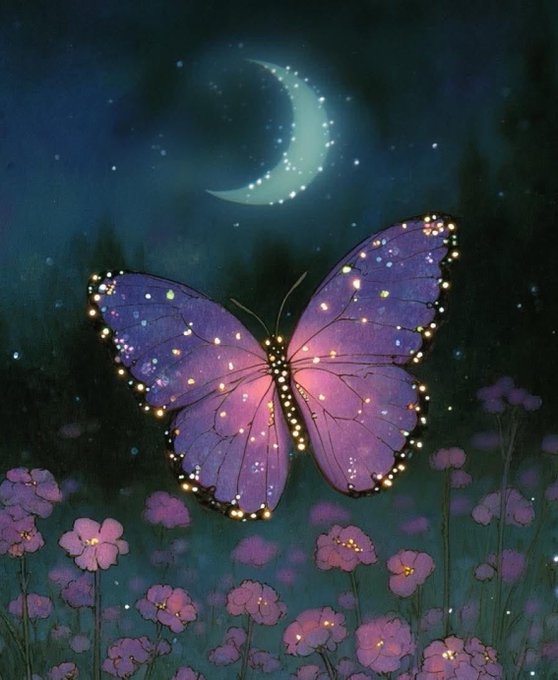 urn of purple flowers with white petals, surrounded by a dark forest and a crescent moon casting a glow on the night sky.