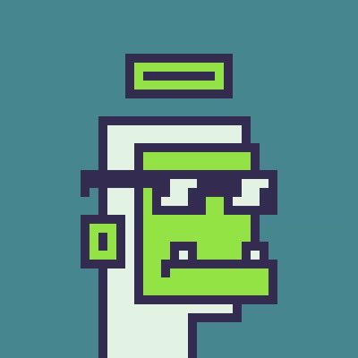 A pixel art illustration of Frankenstein's monster featuring a green face, neck bolts, and a square head against a teal background.