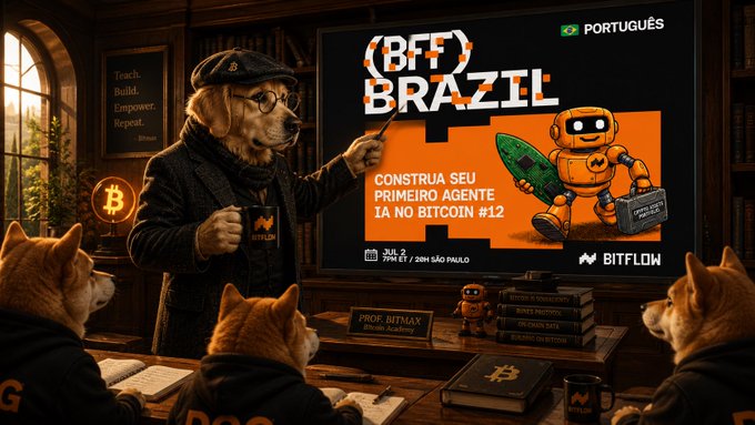 A stylized promotional image for "BFT Brazil" featuring a dog character in a beret and scarf pointing to a screen advertising an AI agent event in São Paulo, with a Bitcoin logo and Bitflow branding visible.