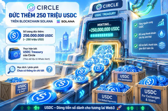 An infographic in Vietnamese about Circle minting an additional 250 million USDC on the Solana blockchain, showing USDC Treasury and various use cases.