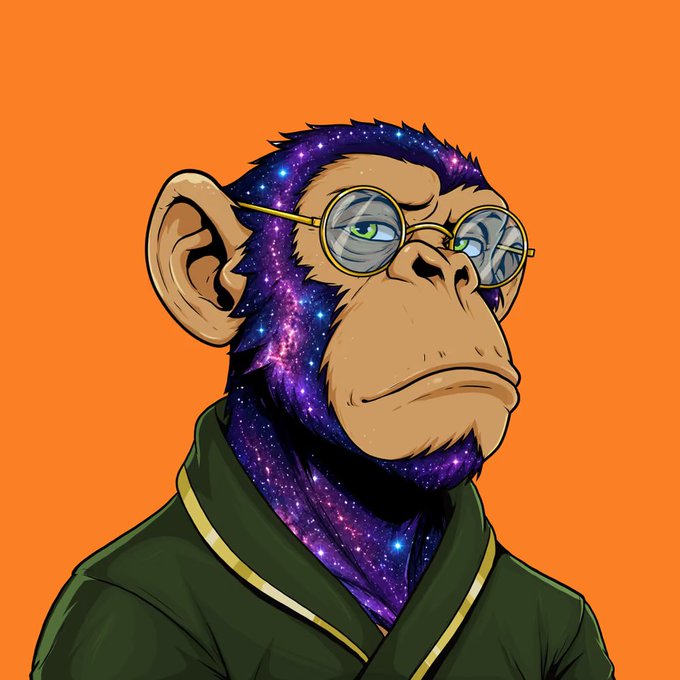 A digital illustration depicts a chimpanzee wearing round glasses and a dark green robe with gold trim, featuring a galaxy design within its fur, set against a solid orange background.
