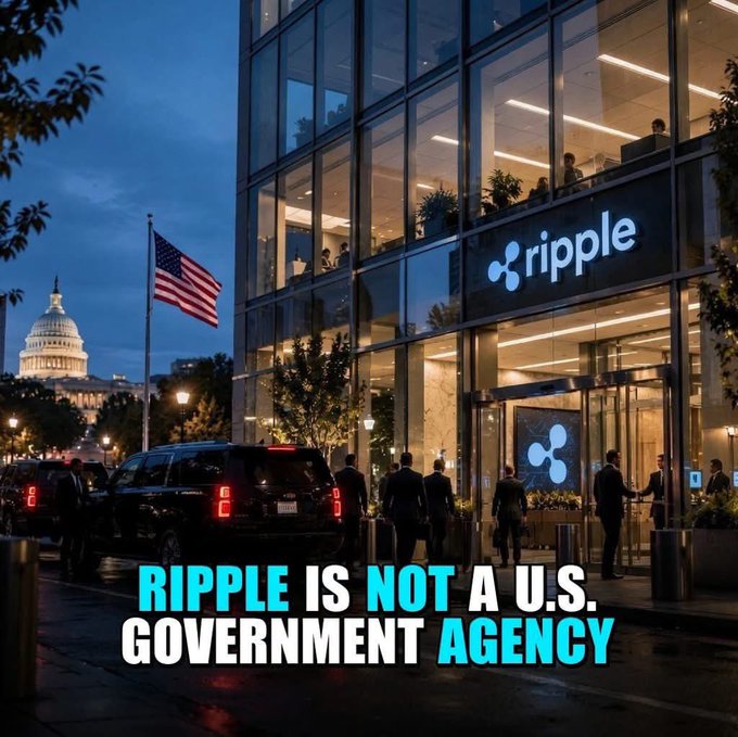 A modern office building displaying the Ripple logo with people visible inside, the U.S. Capitol in the background, and bold text reading 'RIPPLE IS NOT A U.S. GOVERNMENT AGENCY'.