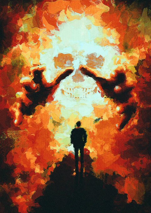 A lone silhouetted figure stands before a massive, fiery skull emerging from swirling orange and red flames in an expressionistic painting. The image's apocalyptic, otherworldly atmosphere pairs with the "Gm" (good morning) post to convey an intense, dramatic start to the day.
