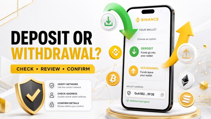 A promotional graphic featuring a smartphone displaying the Binance wallet interface with "DEPOSIT" and "WITHDRAWAL" options, alongside the text "DEPOSIT OR WITHDRAWAL? CHECK • REVIEW • CONFIRM" and reminders to verify network, check addresses, and confirm details before moving crypto funds.